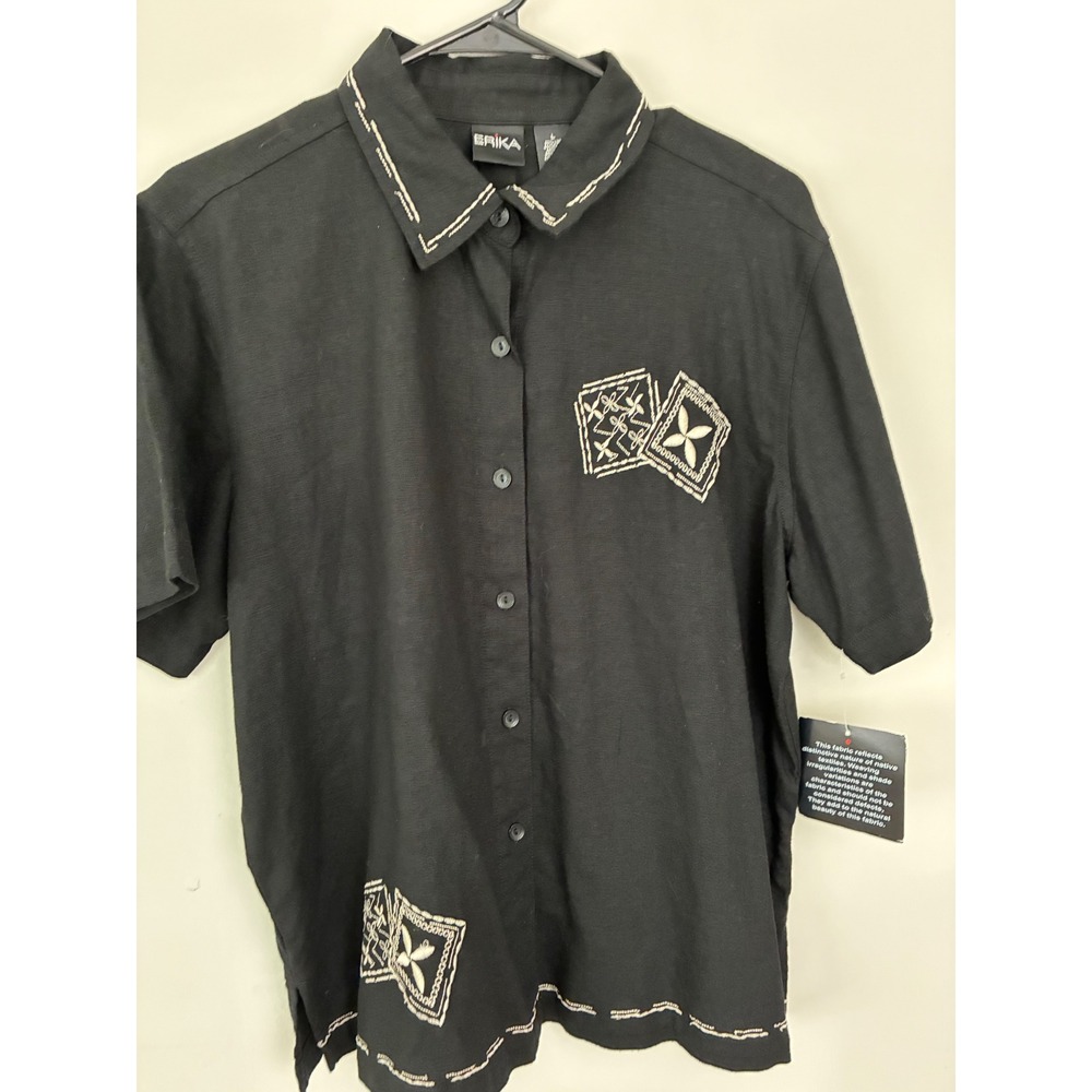 Erika Button Down Shirt Womens Large Black Linen Blend Vintage Embroidered Top